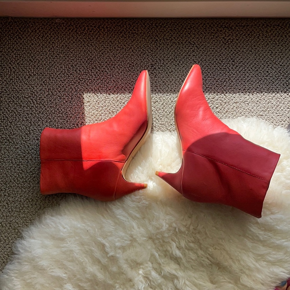 Red leather kitten heel booties